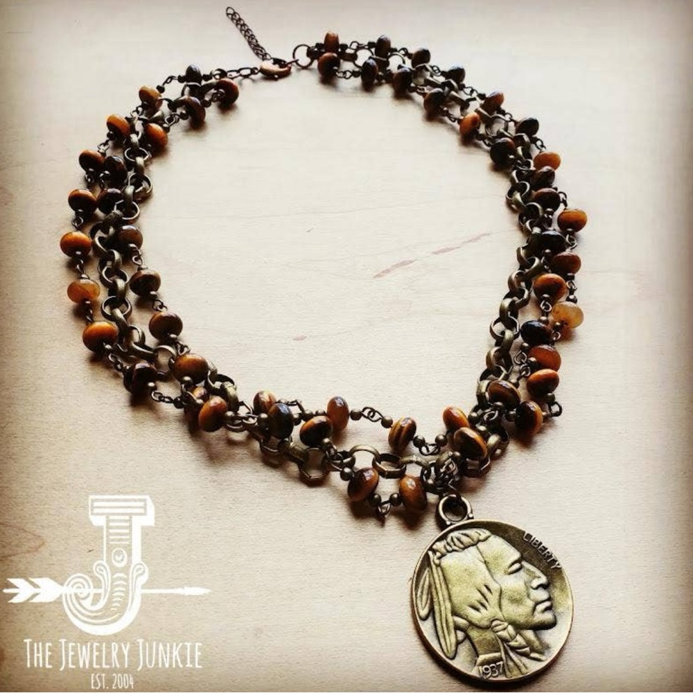 Tigers Eye Triple Strand Collar Necklace w/ Indian Coin